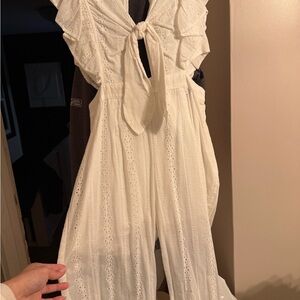 White Eyelet Tie-Front Jumpsuit